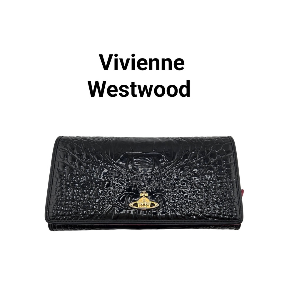 Vivienne Westwood Black Croc Patent Leather Orb Long Wallet Pink Interior